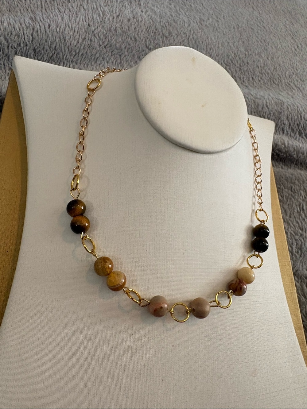 Gold Chain Necklace with Brown tiger eye and Tan agate Beads
